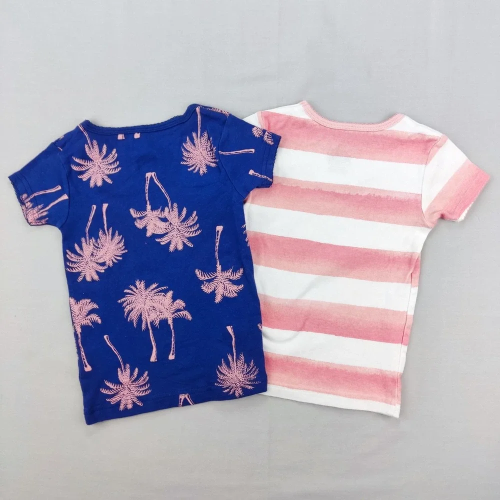 Carter's T-Shirt Girls 3T Blue Pink Palm Tree Stripe 2 Pack Bundle Short Sleeve